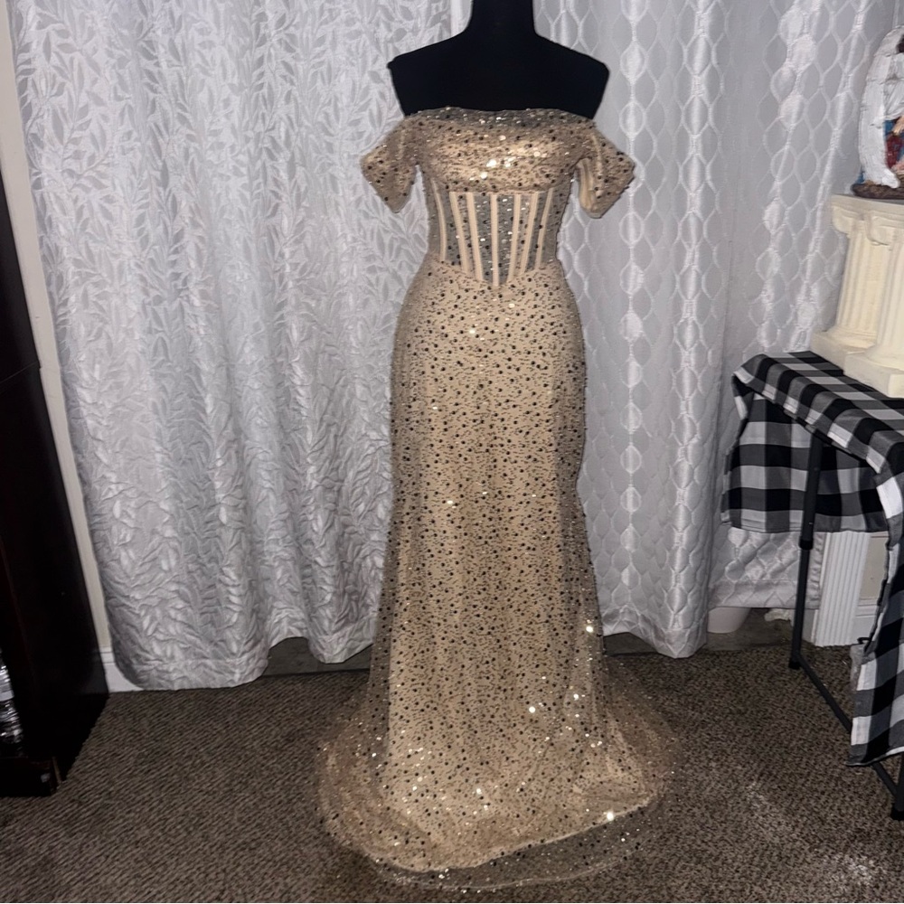 Morbor Champagne Gold Sequin Formal Gown Train Corset Prom Dress NWT maxi long